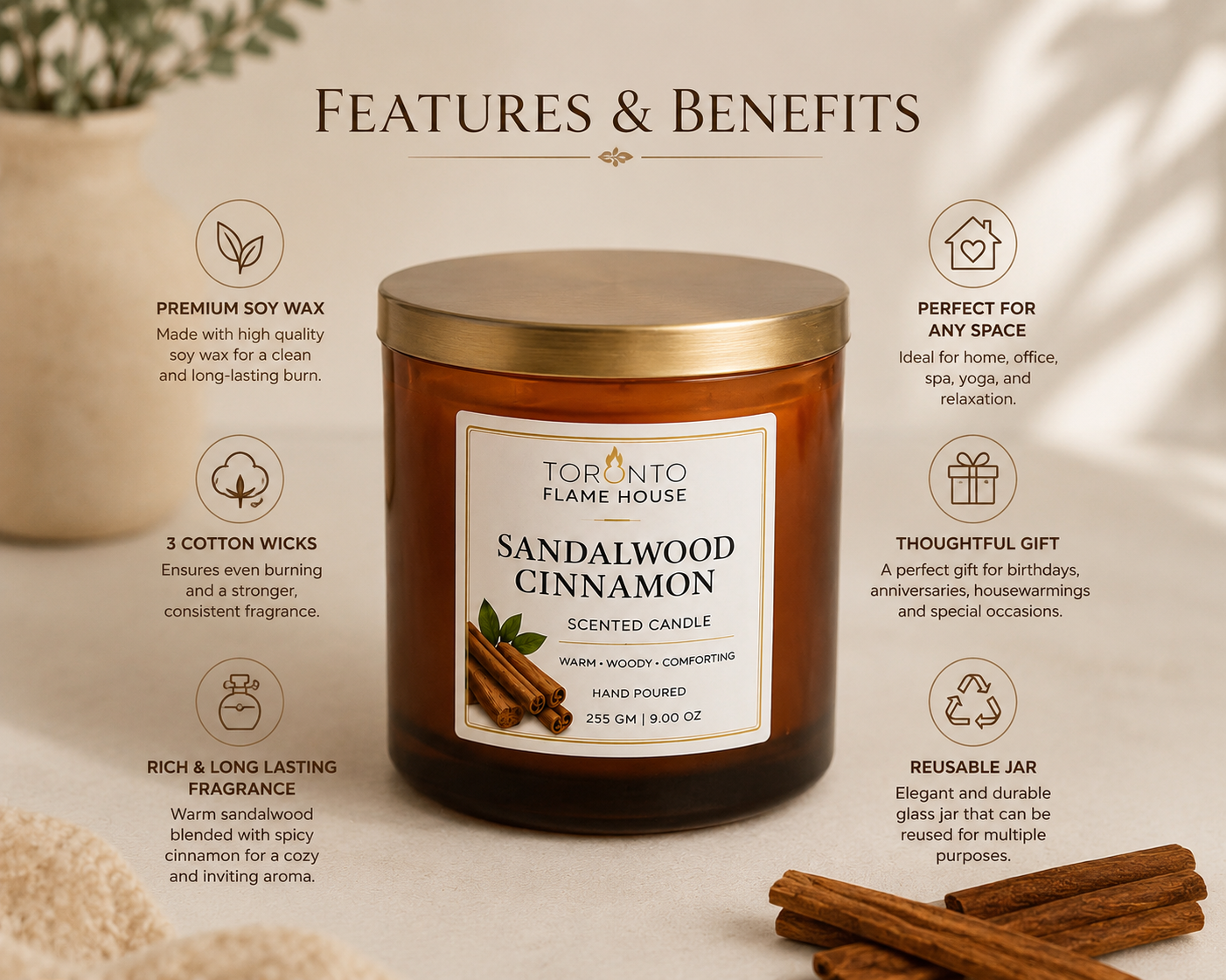 Sandalwood, Cinnamon Prestige Candle